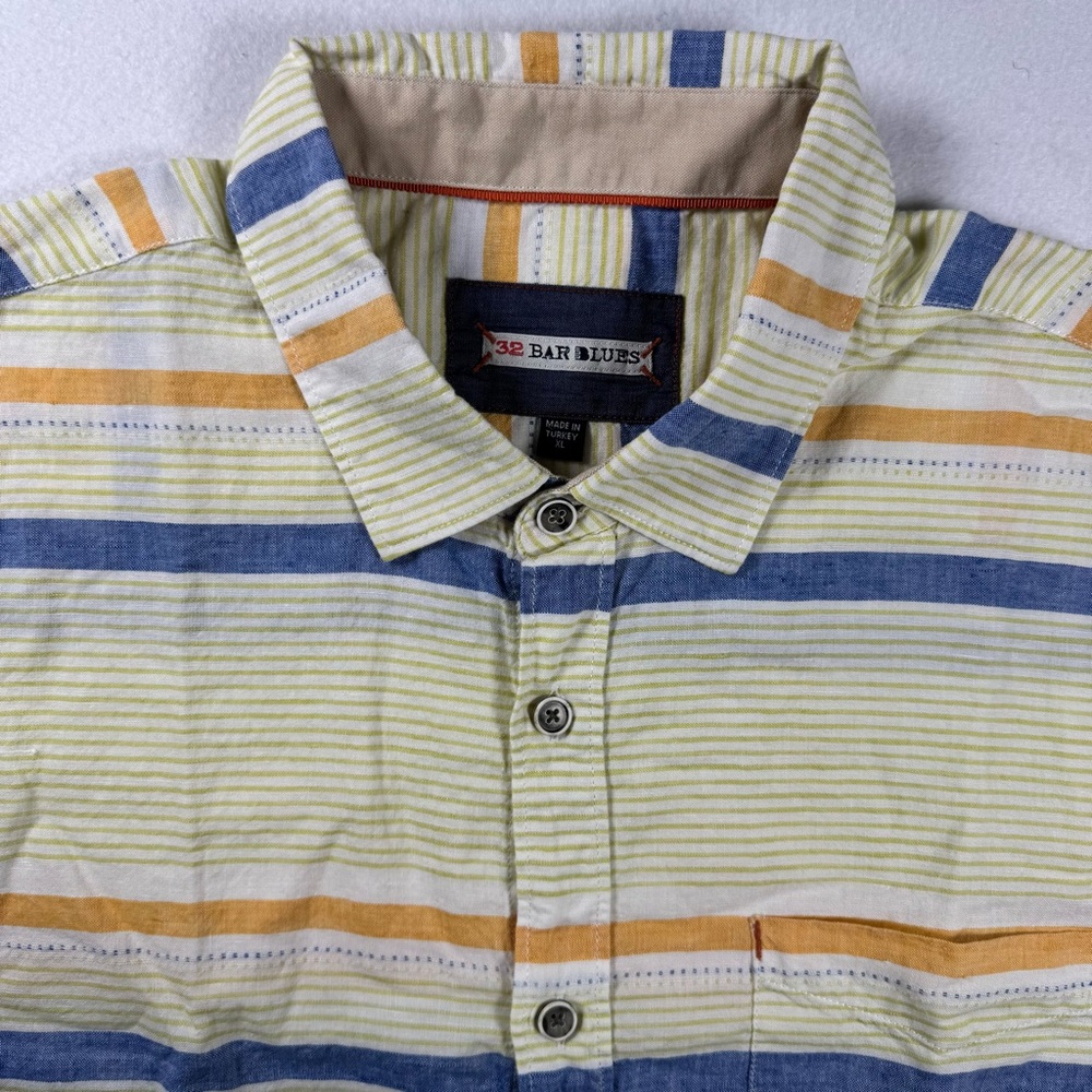 32 Bar Blues‎ Men’s XL Linen Cotton Striped Short Sleeve Shirt - Picture 4 of 10